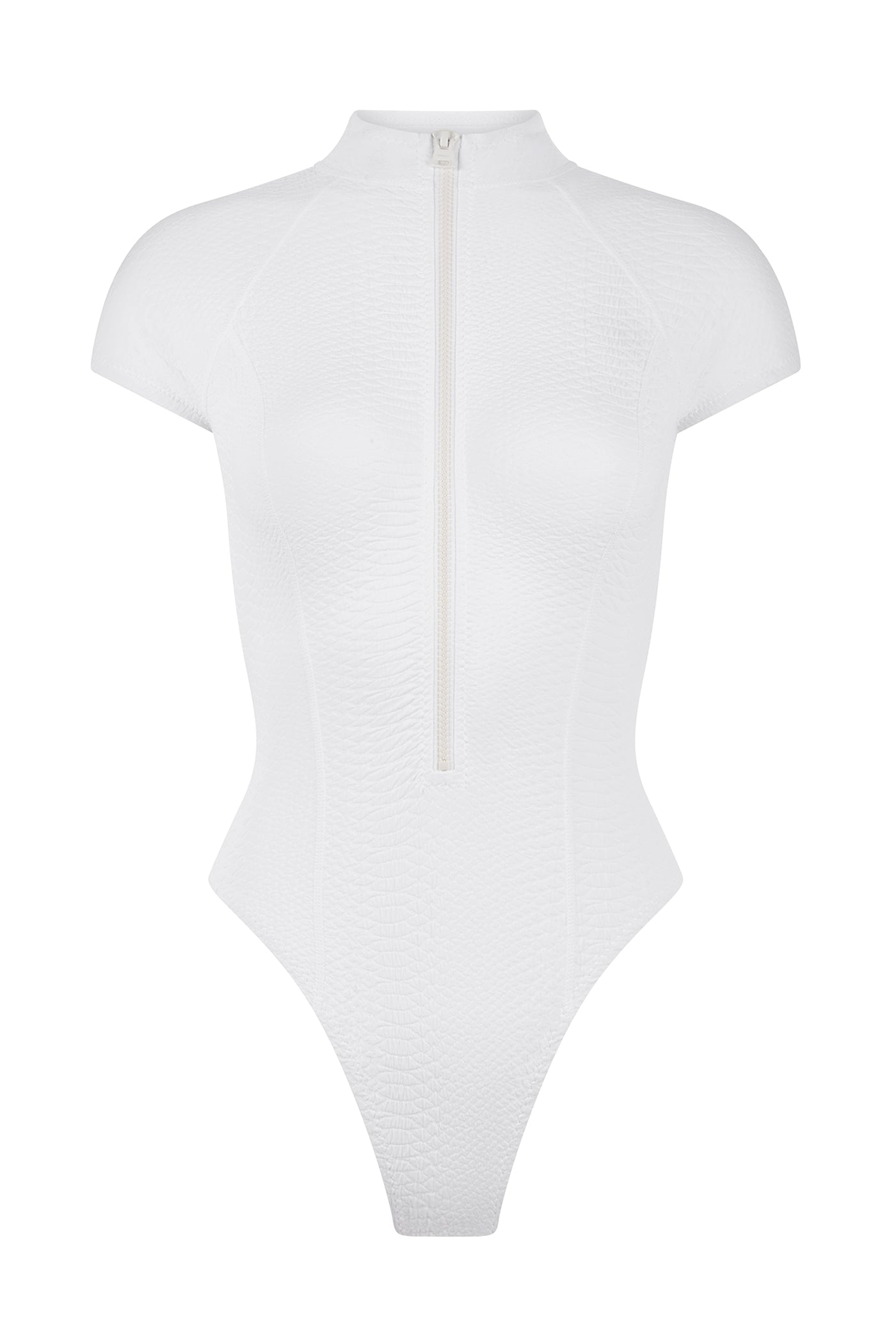 The Lilith Surfsuit by Gigi C Bikinis is a white textured short-sleeve bodysuit featuring a high neckline, front zip closure, and snakeskin embossed fabric.