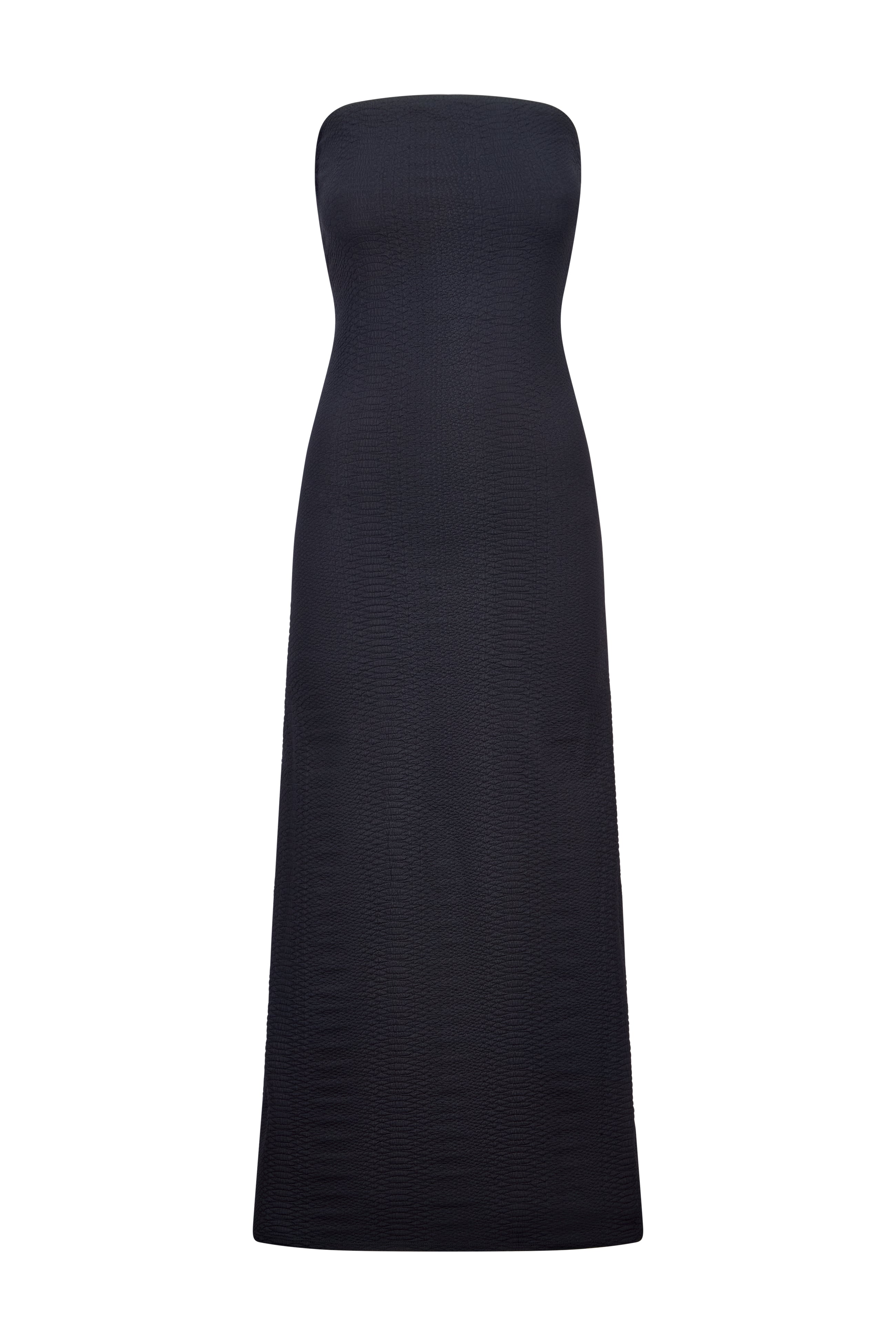 The Maya Snakeskin Dress by Gigi C Bikinis is a strapless, floor-length black body shaping dress with a fitted bodice and subtly flared skirt, made from snakeskin embossed fabric and shown on a plain white background.