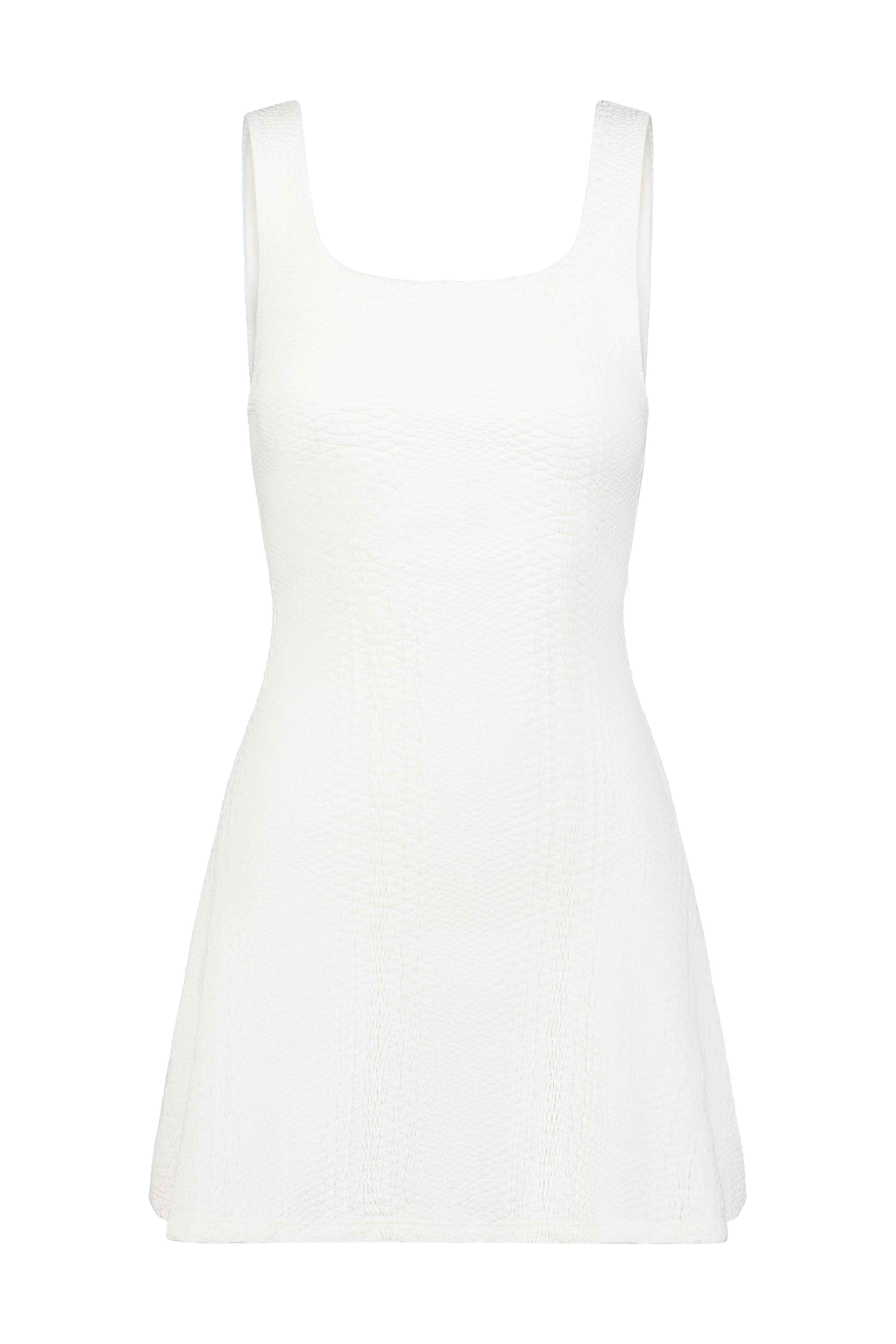 White Tennis Dress with Built in Shorts in Textured Snakeskin Fabric, Ezzie Dress - Ivory