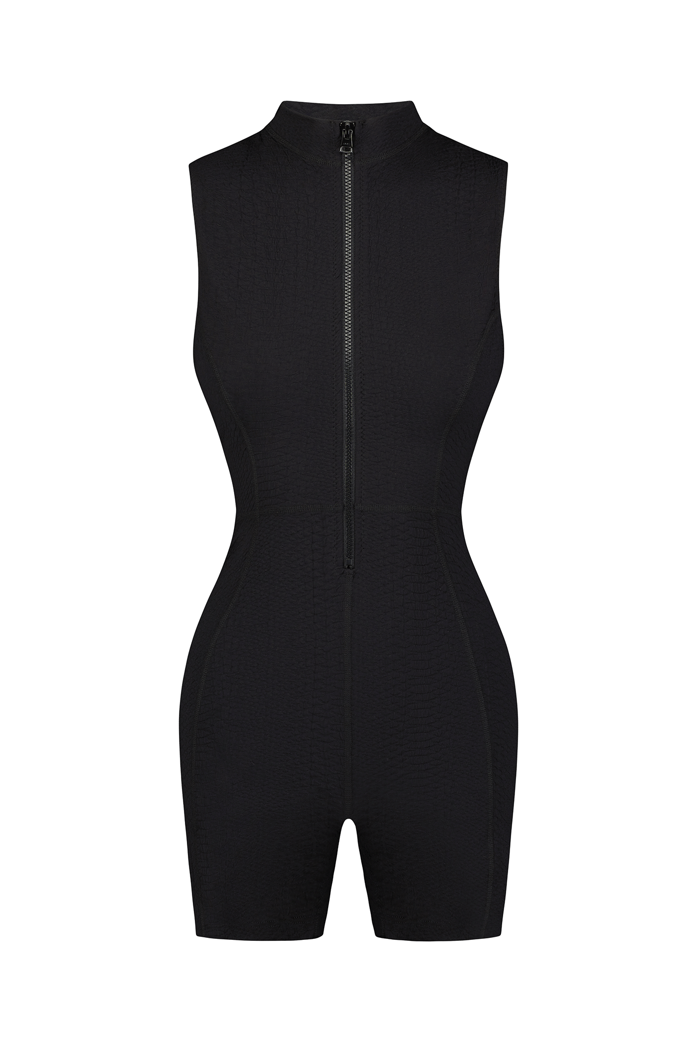 Black Short Sleeve Sports Romper in Textured Fabric